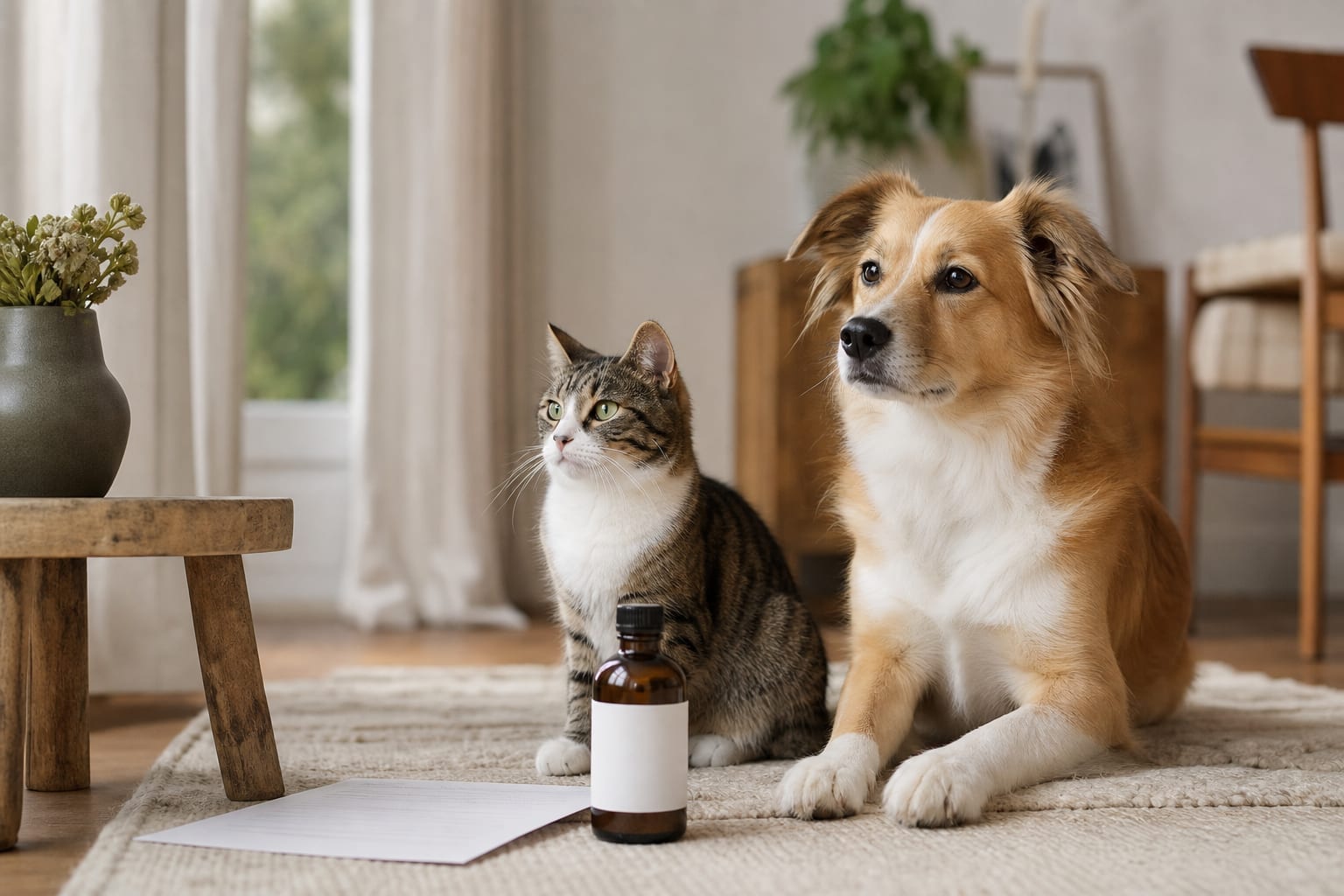 Chien et chat près d'un flacon neutre et de documents de vérification