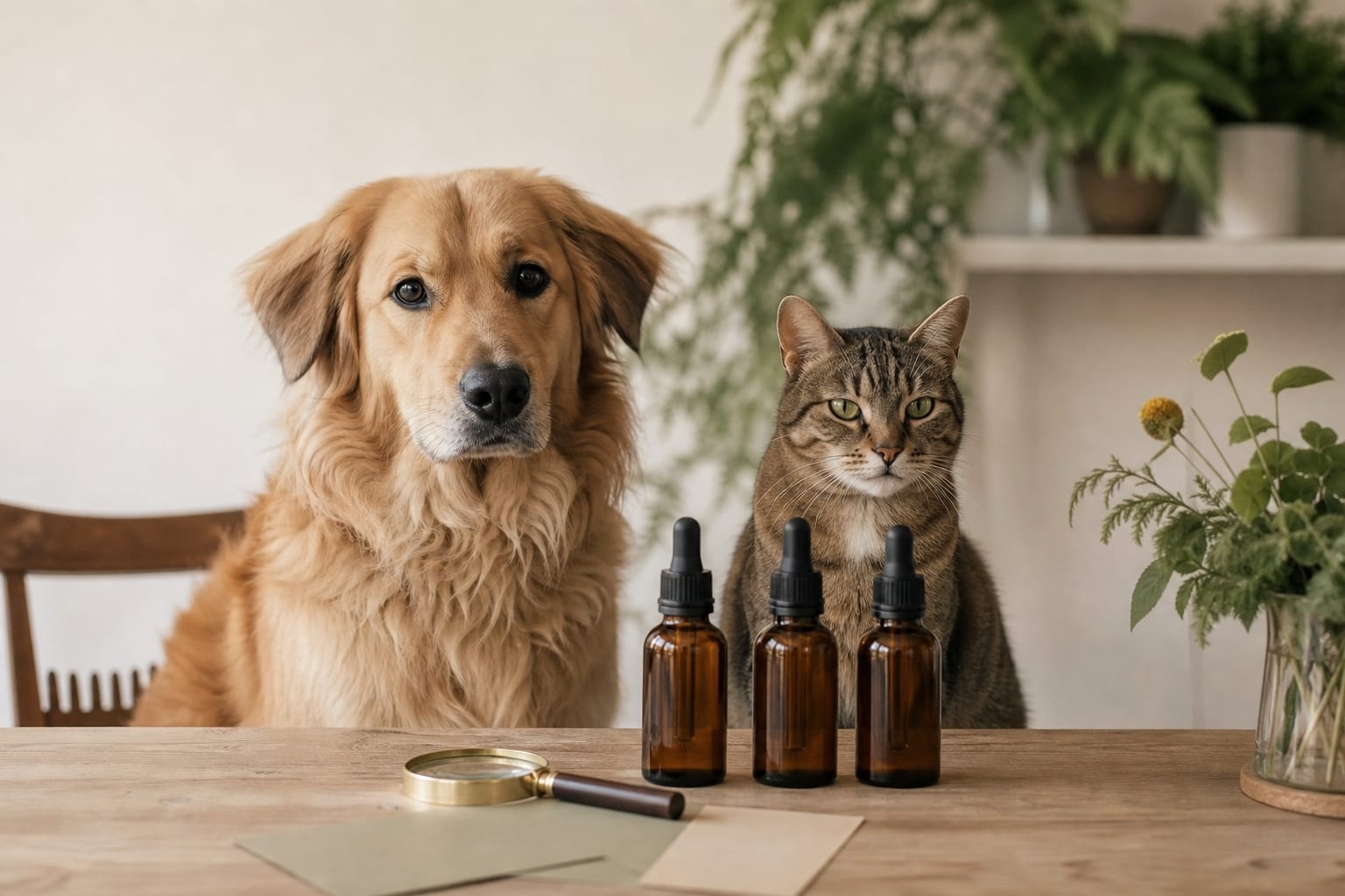 Chien et chat près de flacons neutres de CBD à comparer