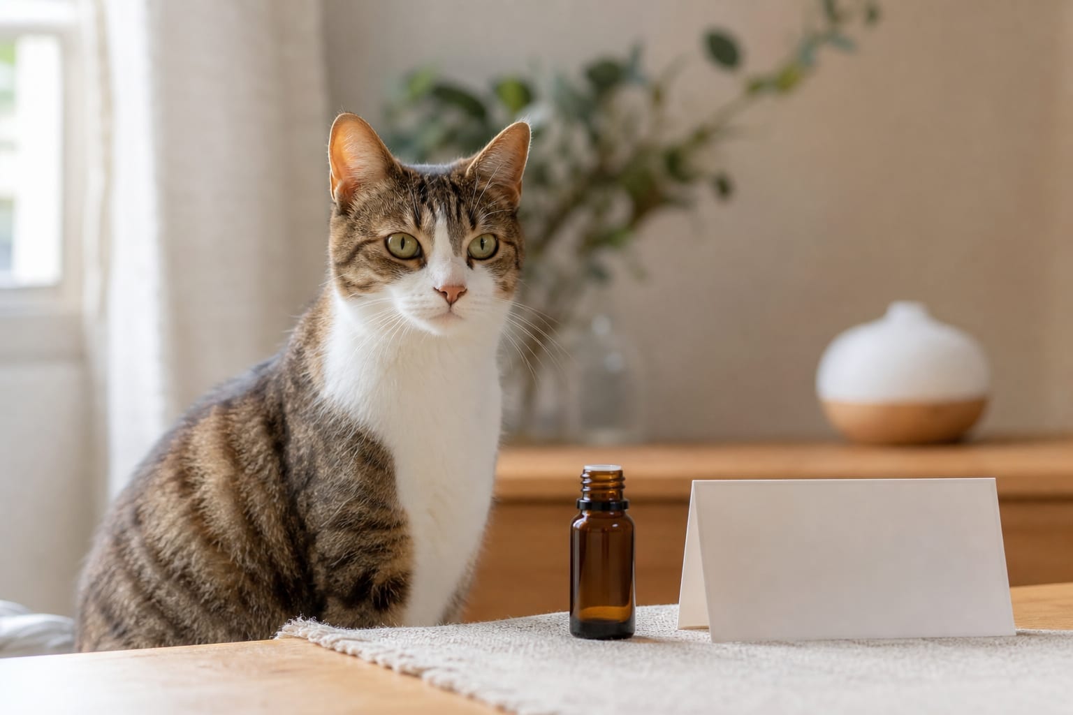Chat près d'un flacon d'huile et d'un diffuseur fermé dans un intérieur lumineux.