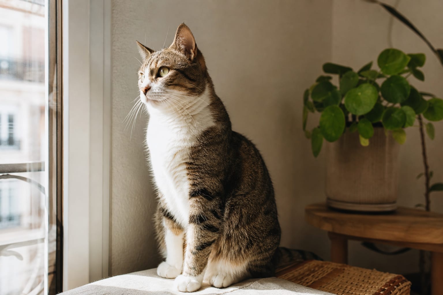 Chat domestique assis près d'une fenêtre, illustration de la prudence métabolique féline.