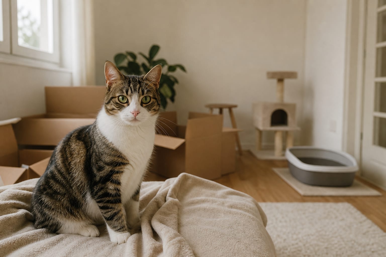 Chat dans une pièce refuge après un déménagement, près de ses repères familiers.
