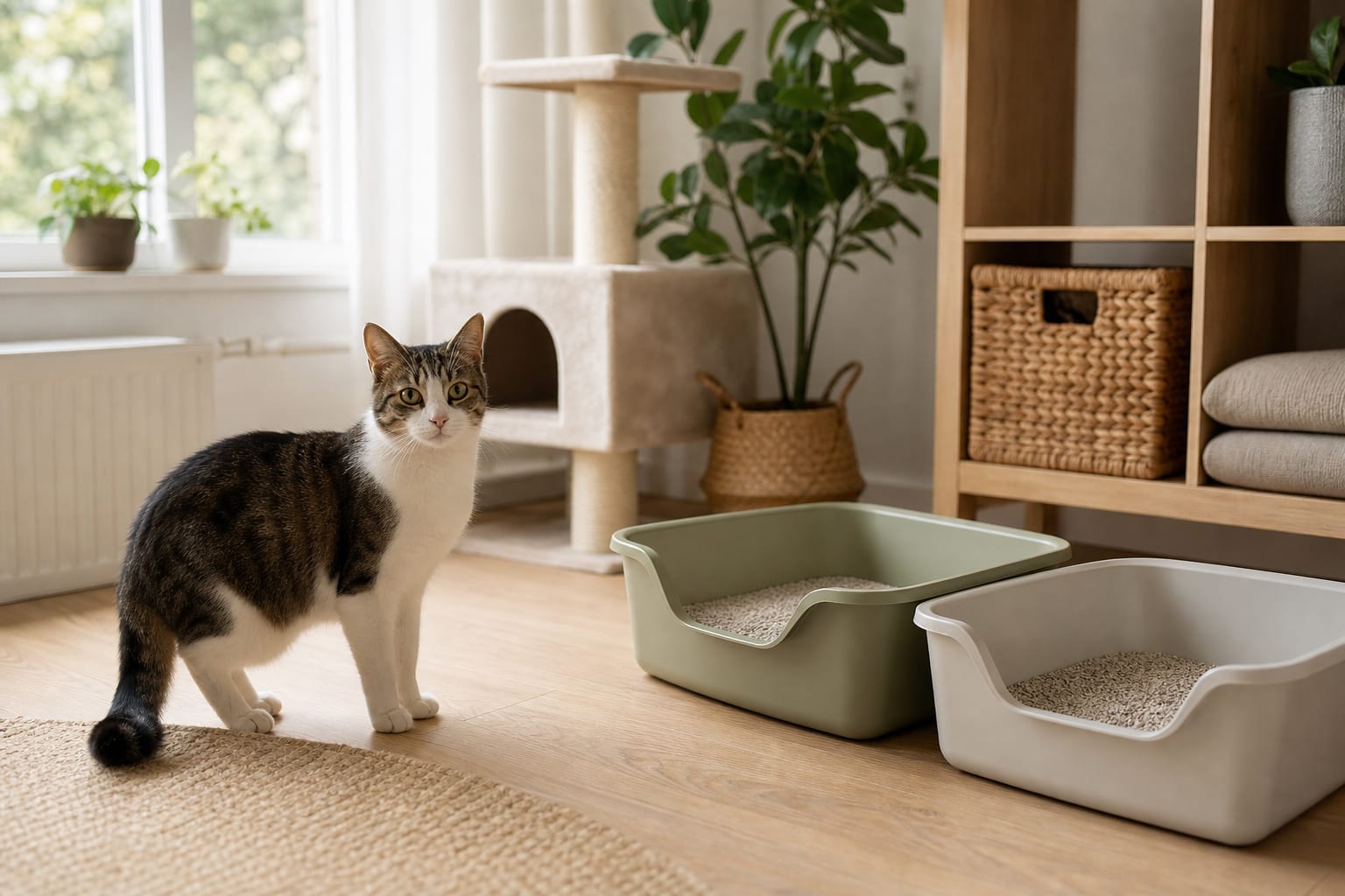 Chat devant deux litières propres dans un intérieur calme et lumineux.