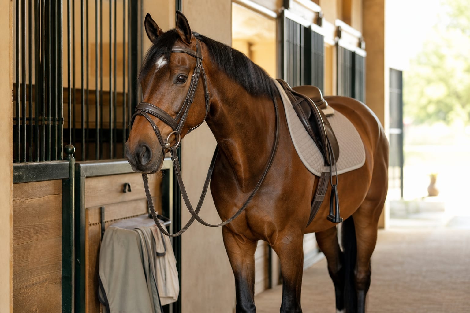 Cheval de sport au box avant une épreuve équestre officielle