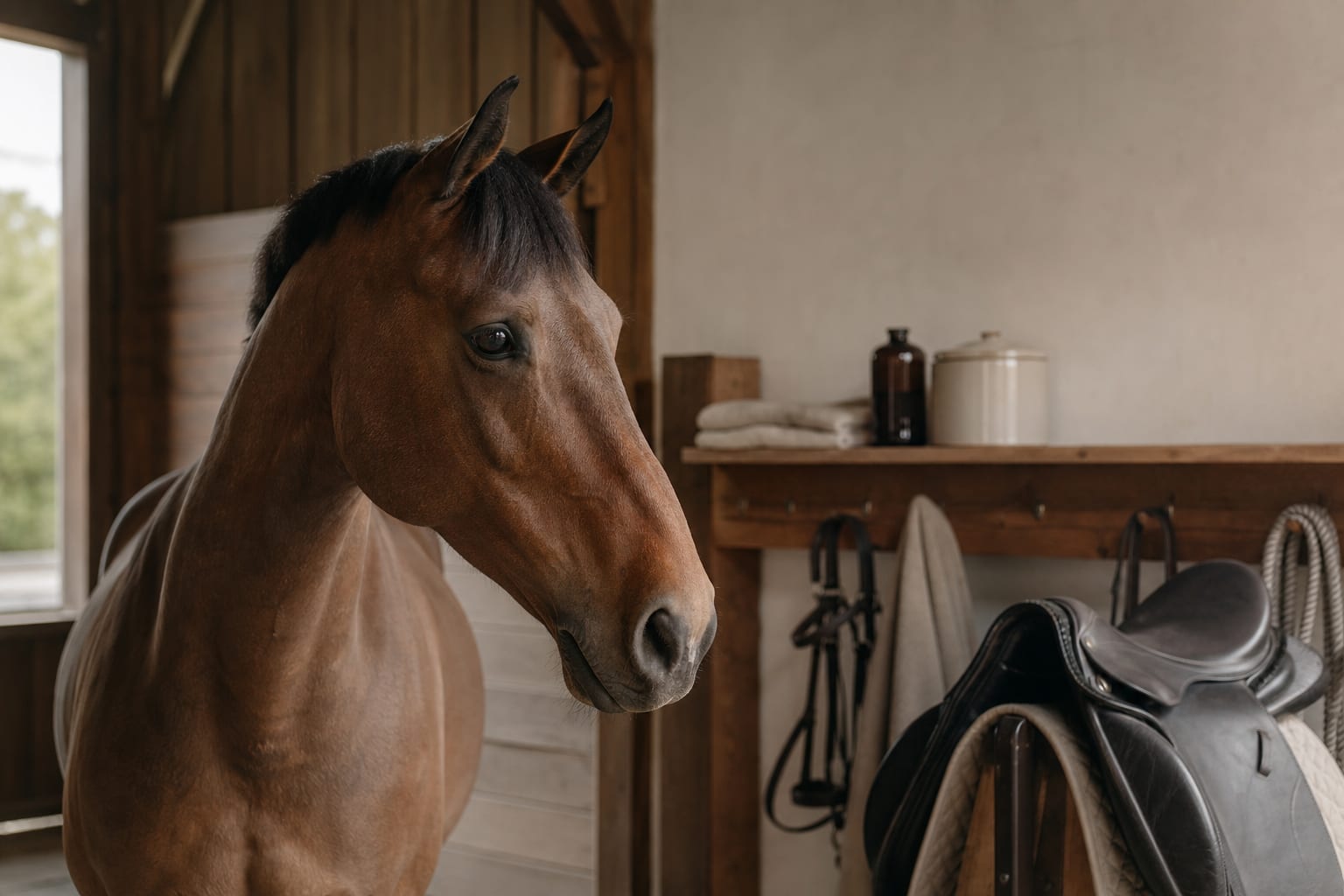 Cheval calme devant une sellerie propre avec produits rangés à l'abri de la lumière.