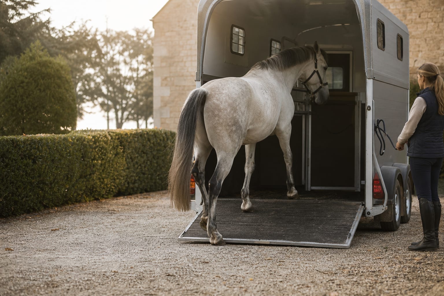 Cheval calme montant dans un van sécurisé dans une cour équestre