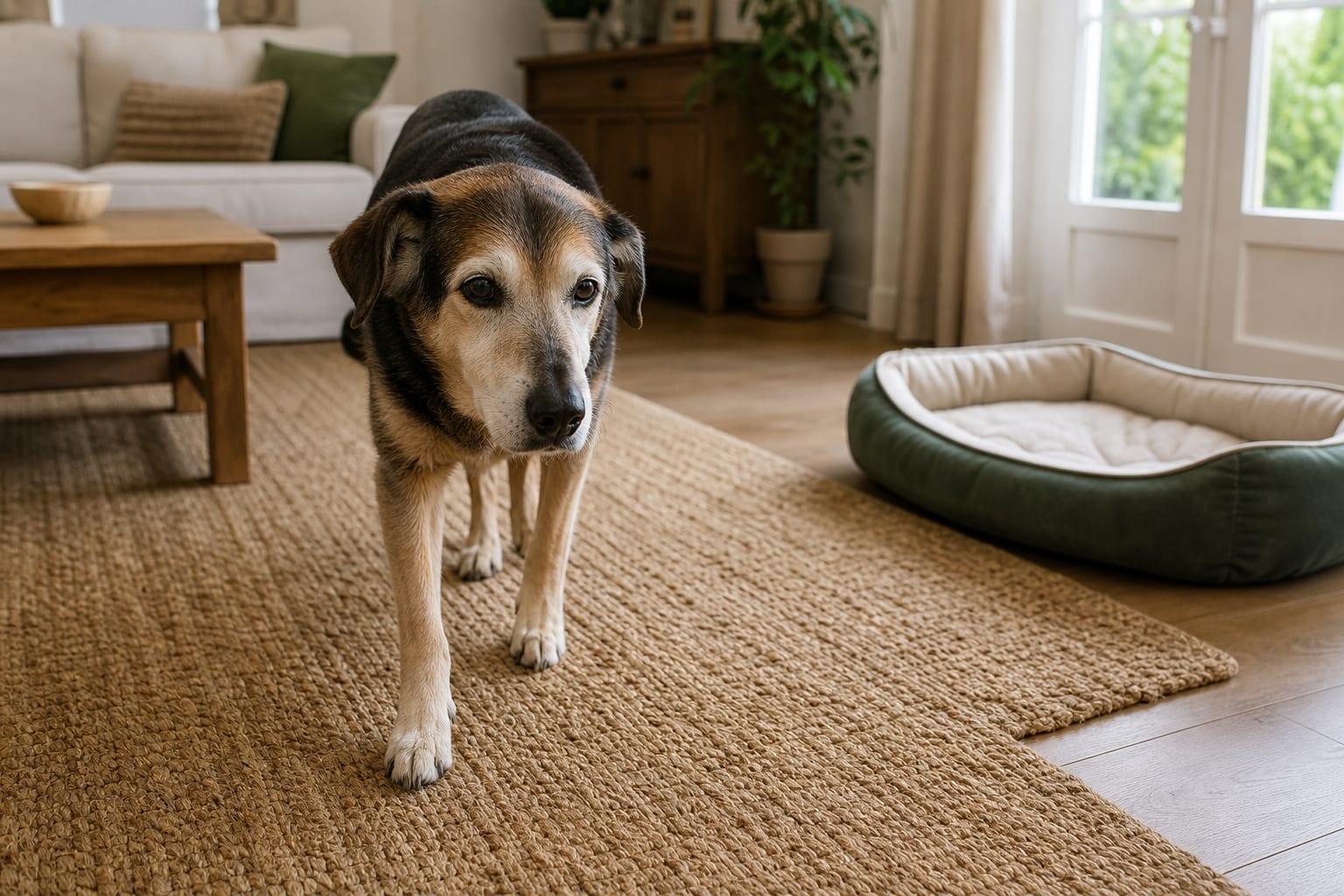 Chien senior au museau grisonnant marchant sur un tapis antidérapant lumineux
