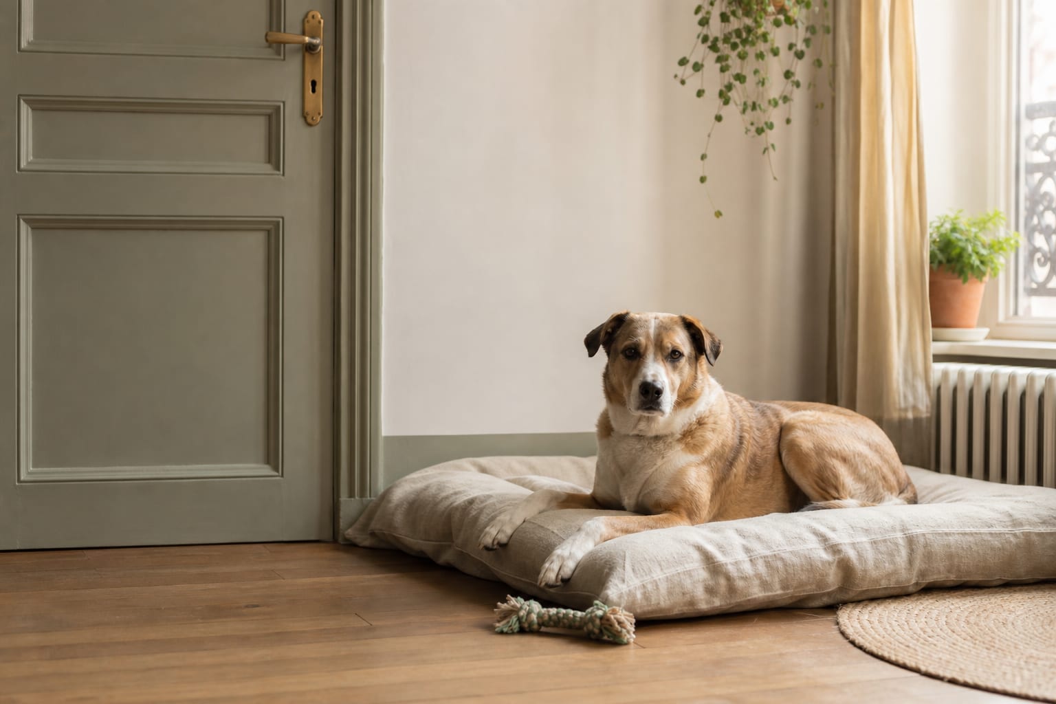 Chien calme près d'une porte dans un intérieur lumineux et apaisant.