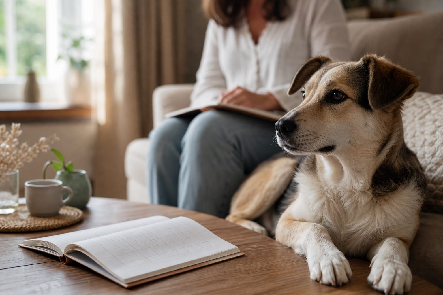 Chien calme près d'un carnet de suivi quotidien à la maison