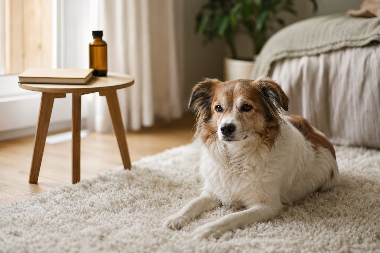 Chien calme allongé à la maison, observé après une huile de CBD.