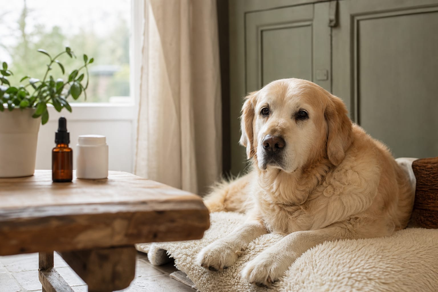 Chien âgé au repos près d'un flacon de CBD et médicament vétérinaire