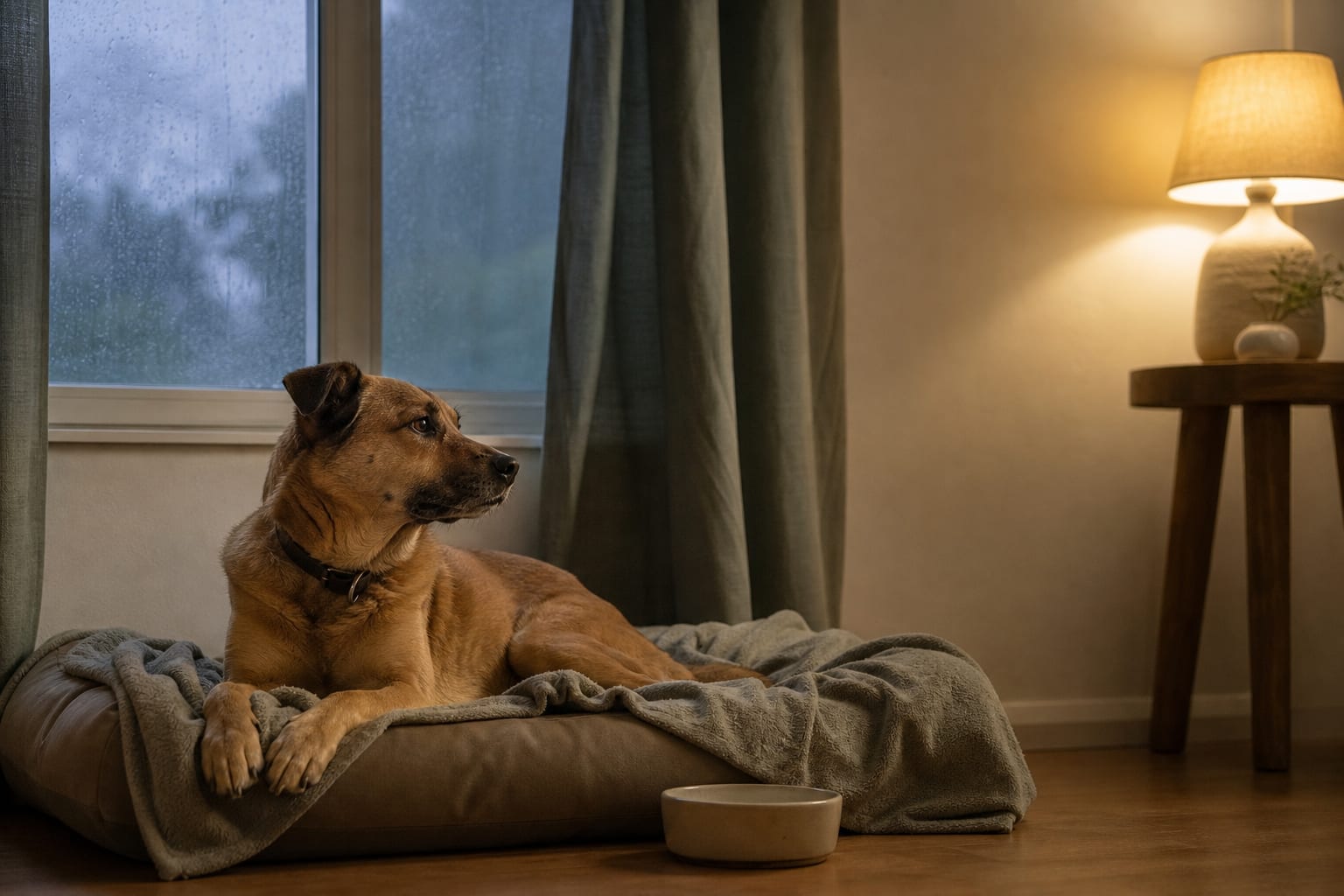 Chien reposant dans une pièce refuge pendant un orage, volets fermés