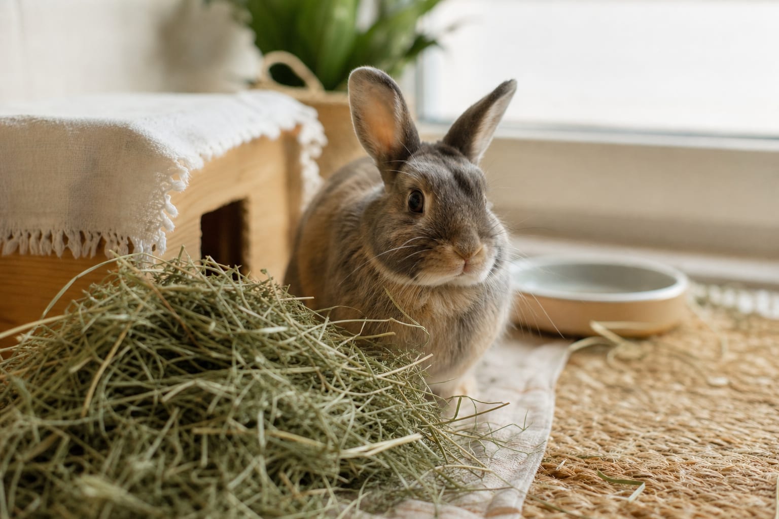 Lapin de compagnie au repos près de foin dans un espace aménagé
