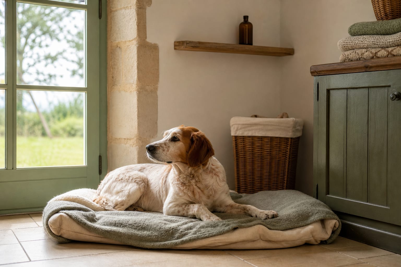 Chien calme sur son couchage familier dans une pension lumineuse.