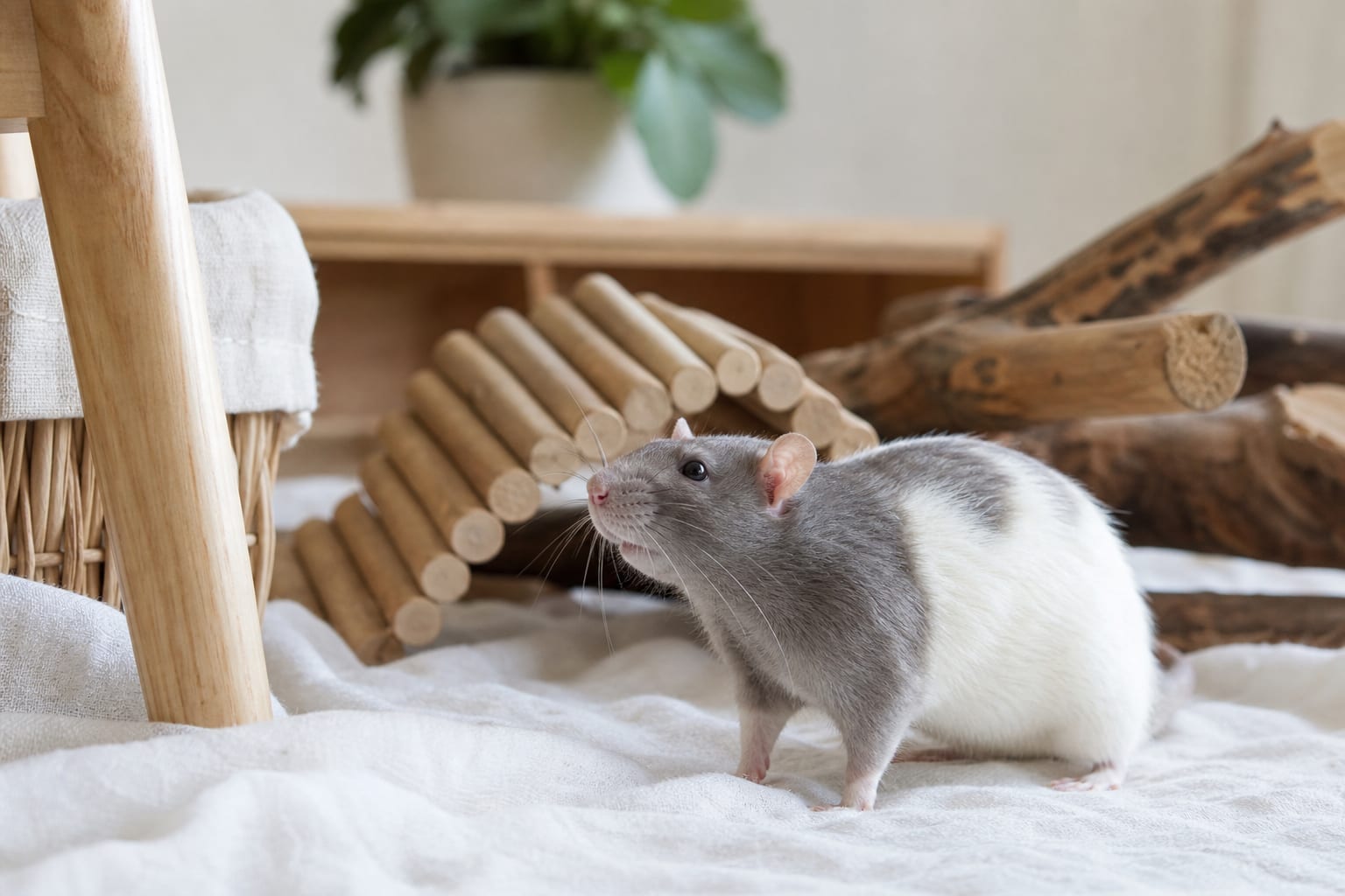 Rat domestique curieux dans un habitat aménagé, sous lumière naturelle douce