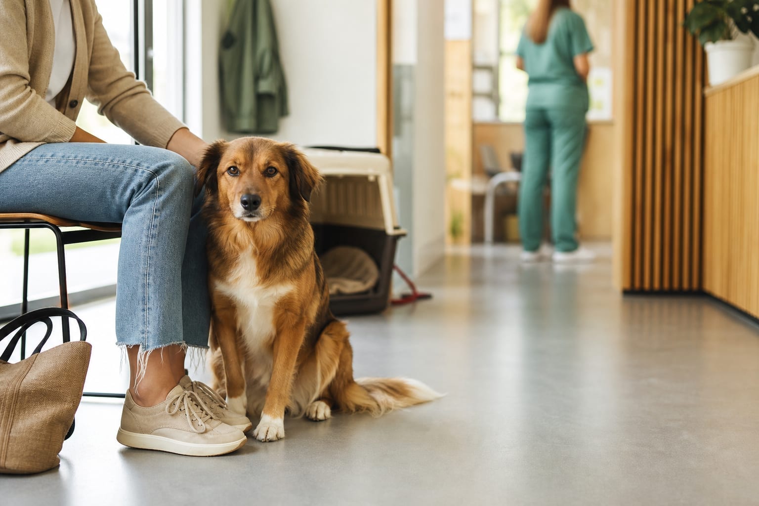 Chien calme avec son propriétaire dans une salle d'attente vétérinaire lumineuse.