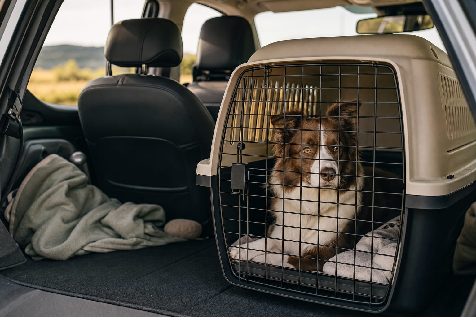 Chien calme dans une caisse de transport sécurisée à l'arrière d'une voiture
