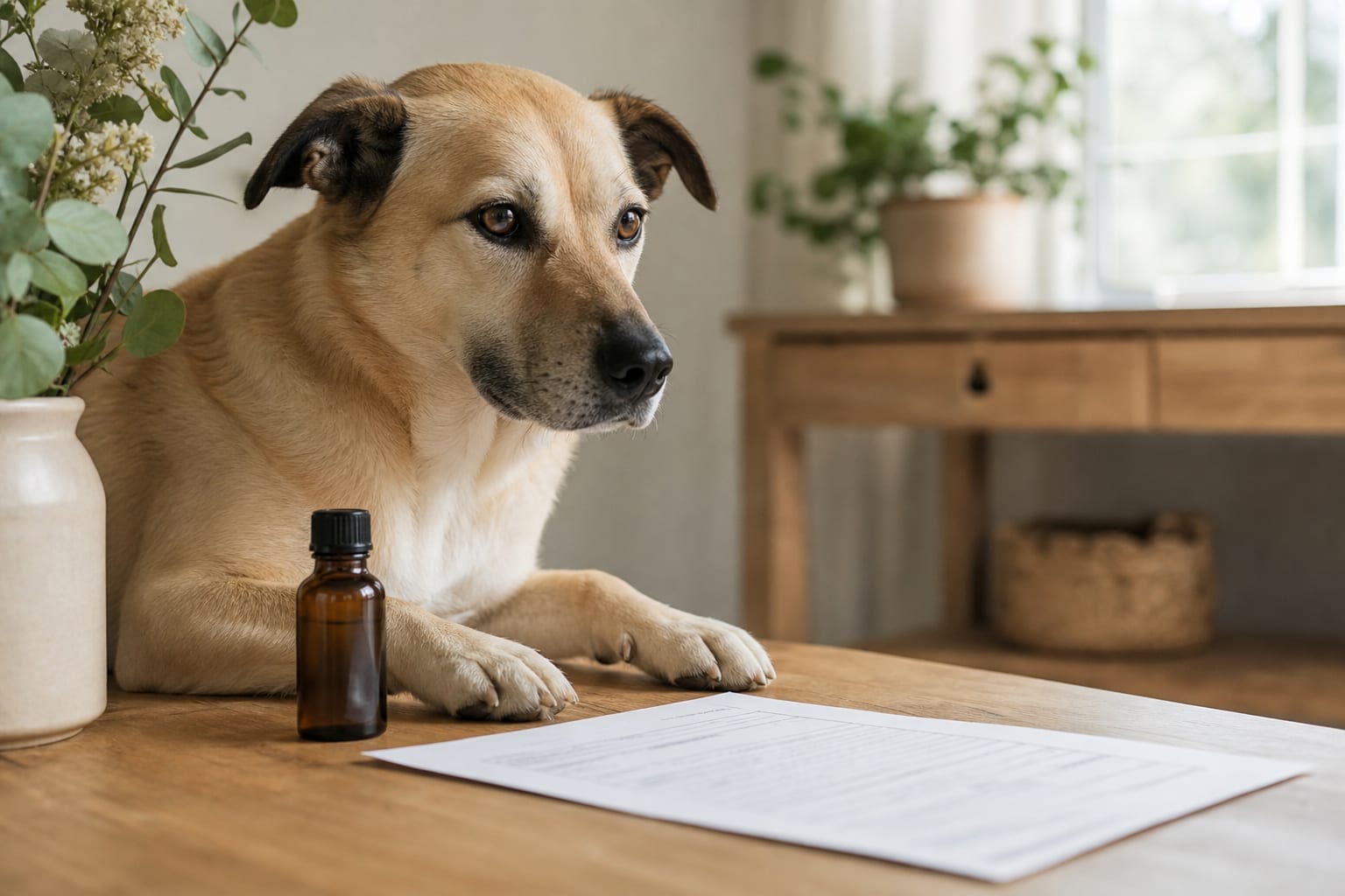 Chien près d'un flacon ambré et d'un certificat d'analyse CBD.