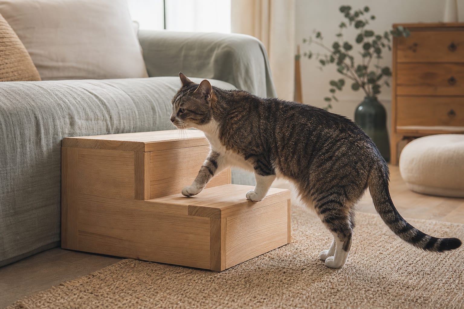 Chat senior utilisant une marche stable pour accéder à un canapé