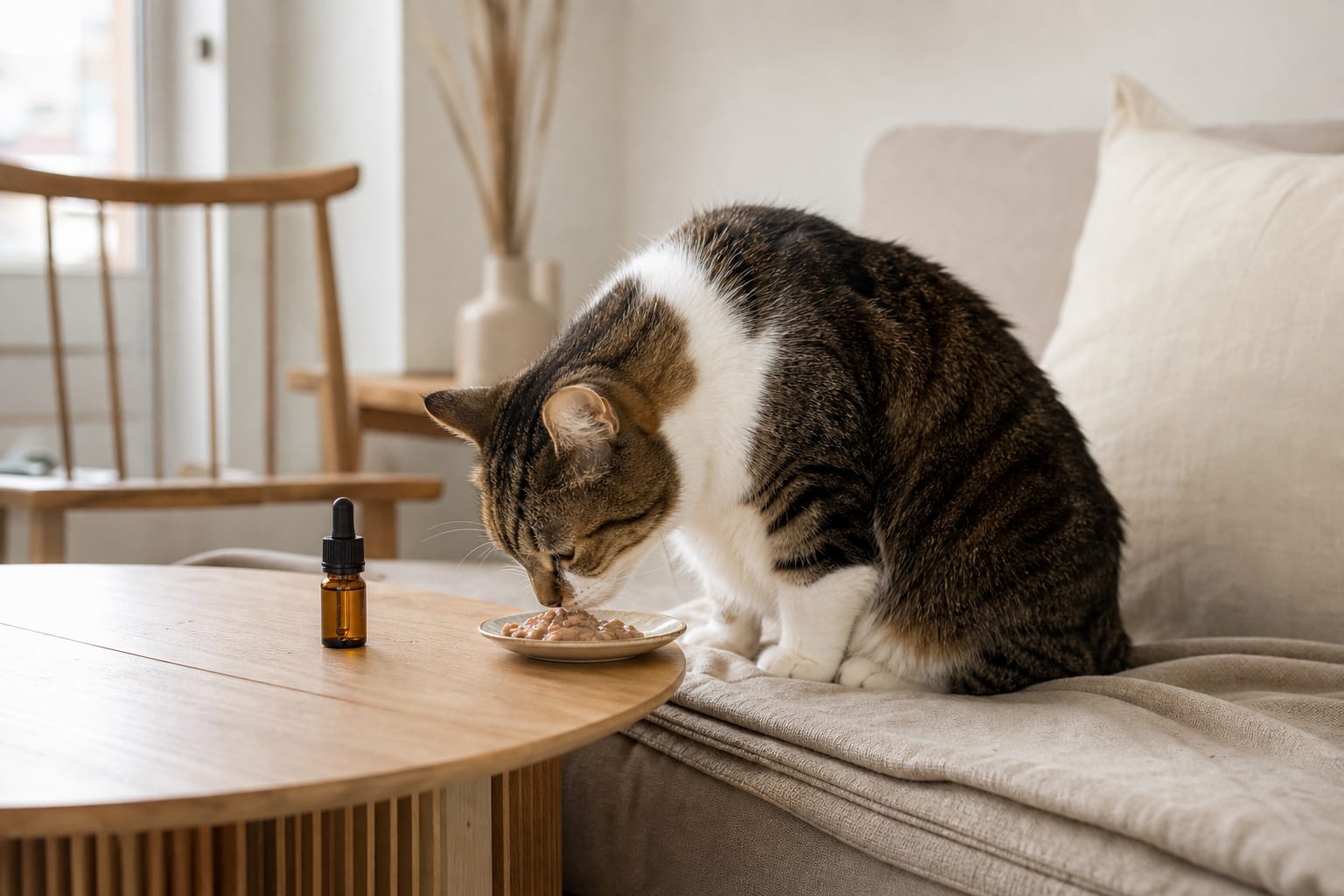 Chat calme devant une petite soucoupe et un flacon compte-gouttes neutre
