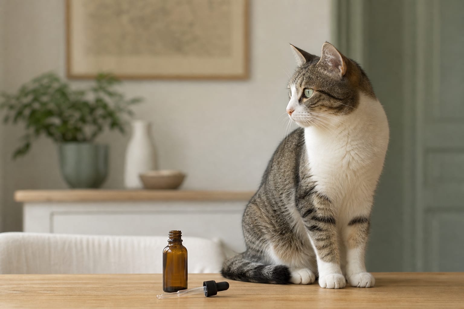 Chat tigré près d'un flacon ambré et d'une pipette graduée sur une table
