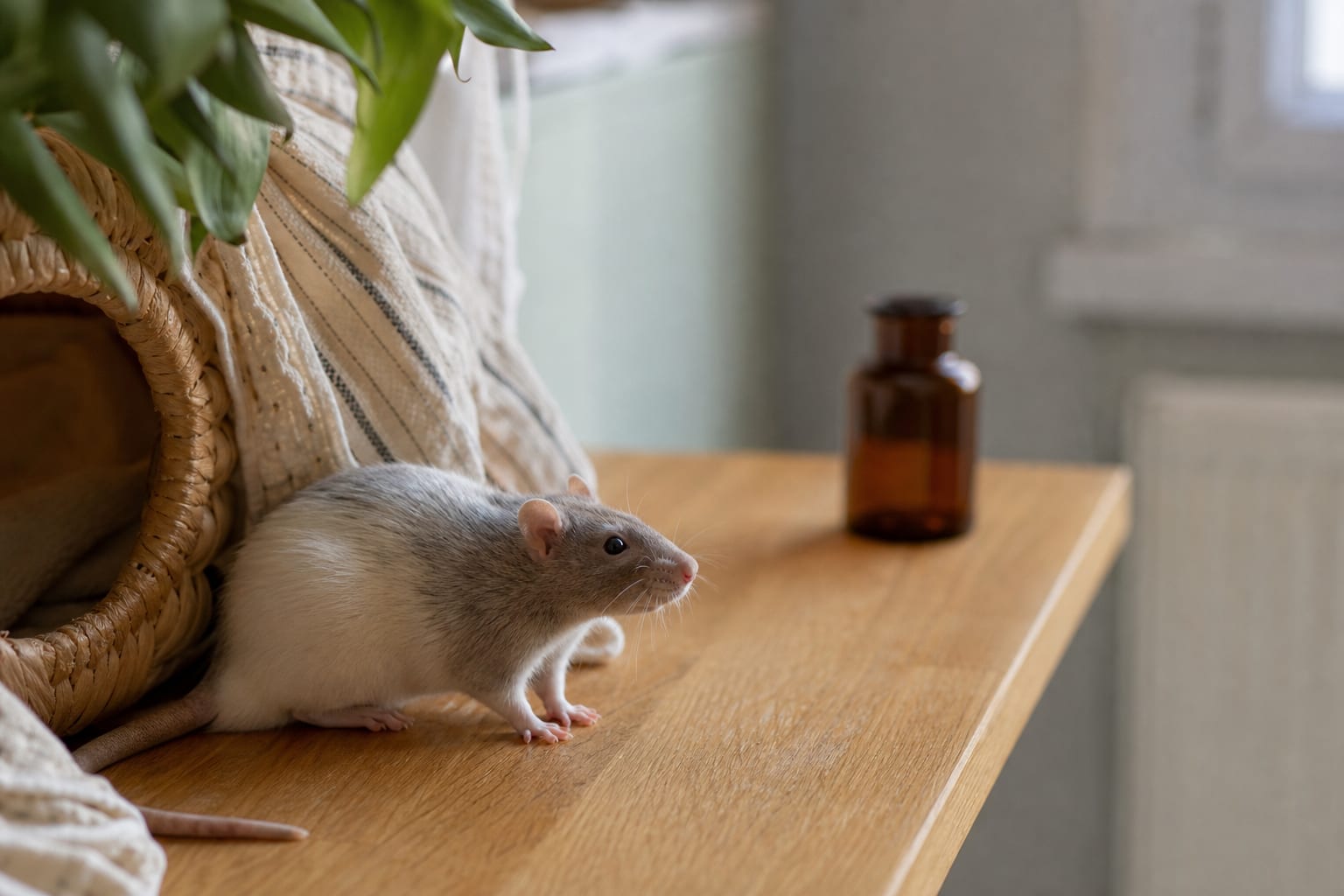 Petit rat domestique près de son habitat, illustrant la difficulté de mesure du CBD