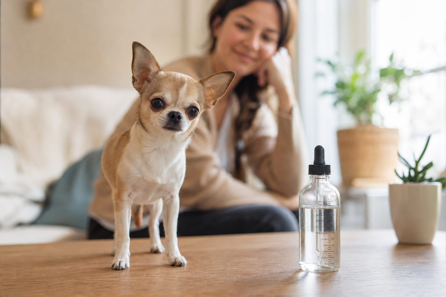 Petit Chihuahua près d'une pipette graduée et d'un flacon d'huile neutre