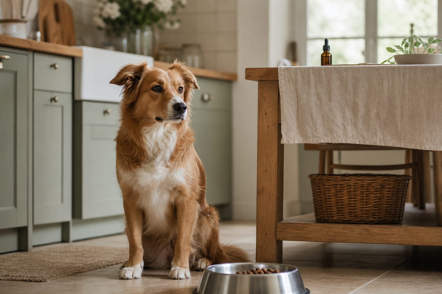 Chien devant sa gamelle dans une cuisine lumineuse avant son repas.