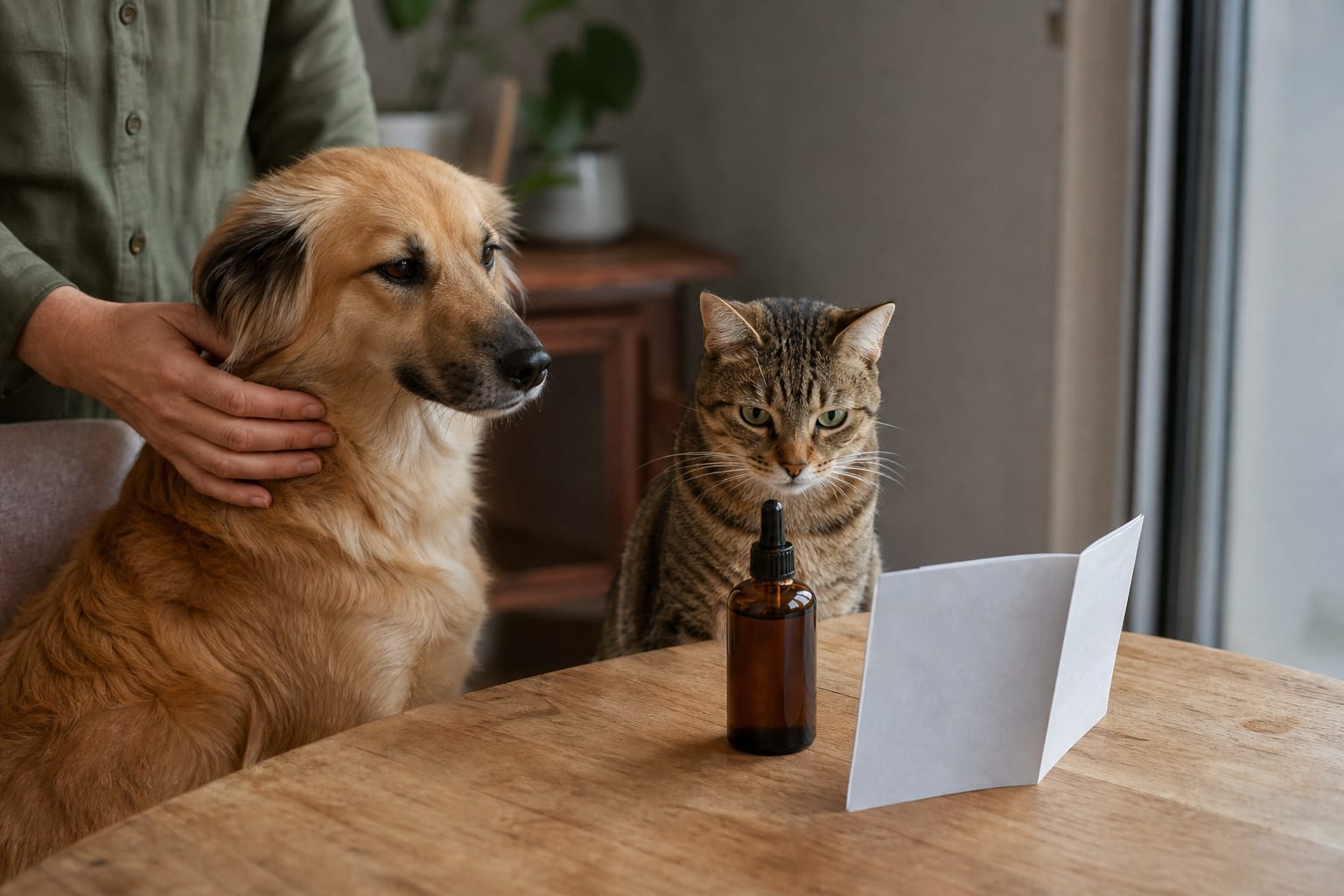 Chien et chat près d'un flacon compte-gouttes sans étiquette visible