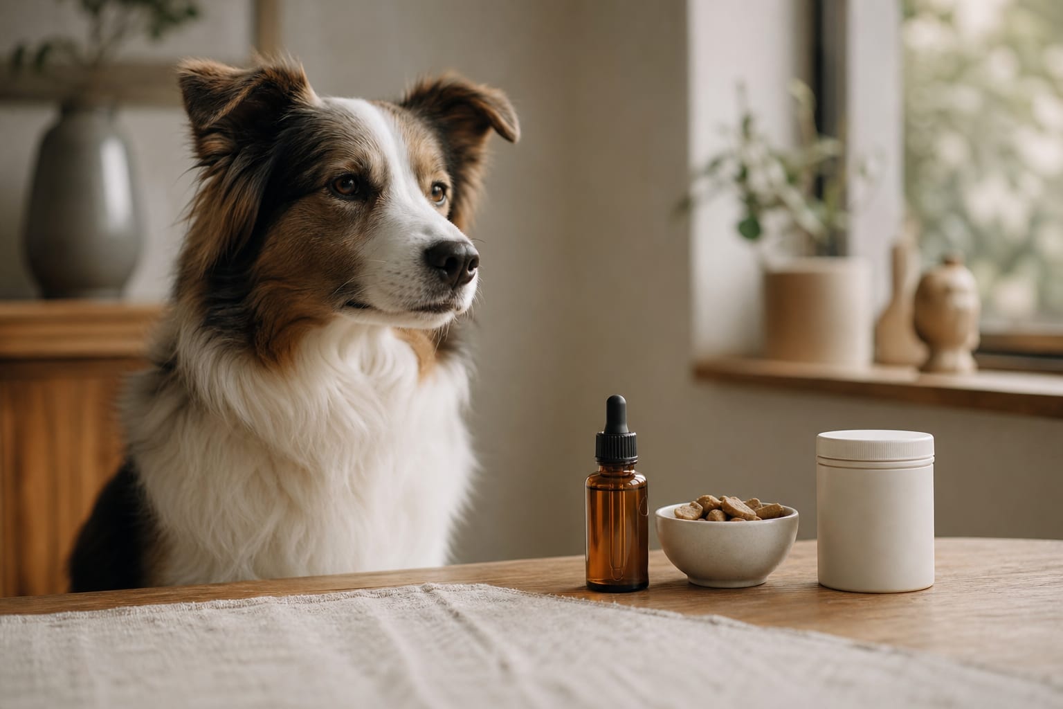 Chien devant huile, friandises et capsules de CBD non étiquetées.