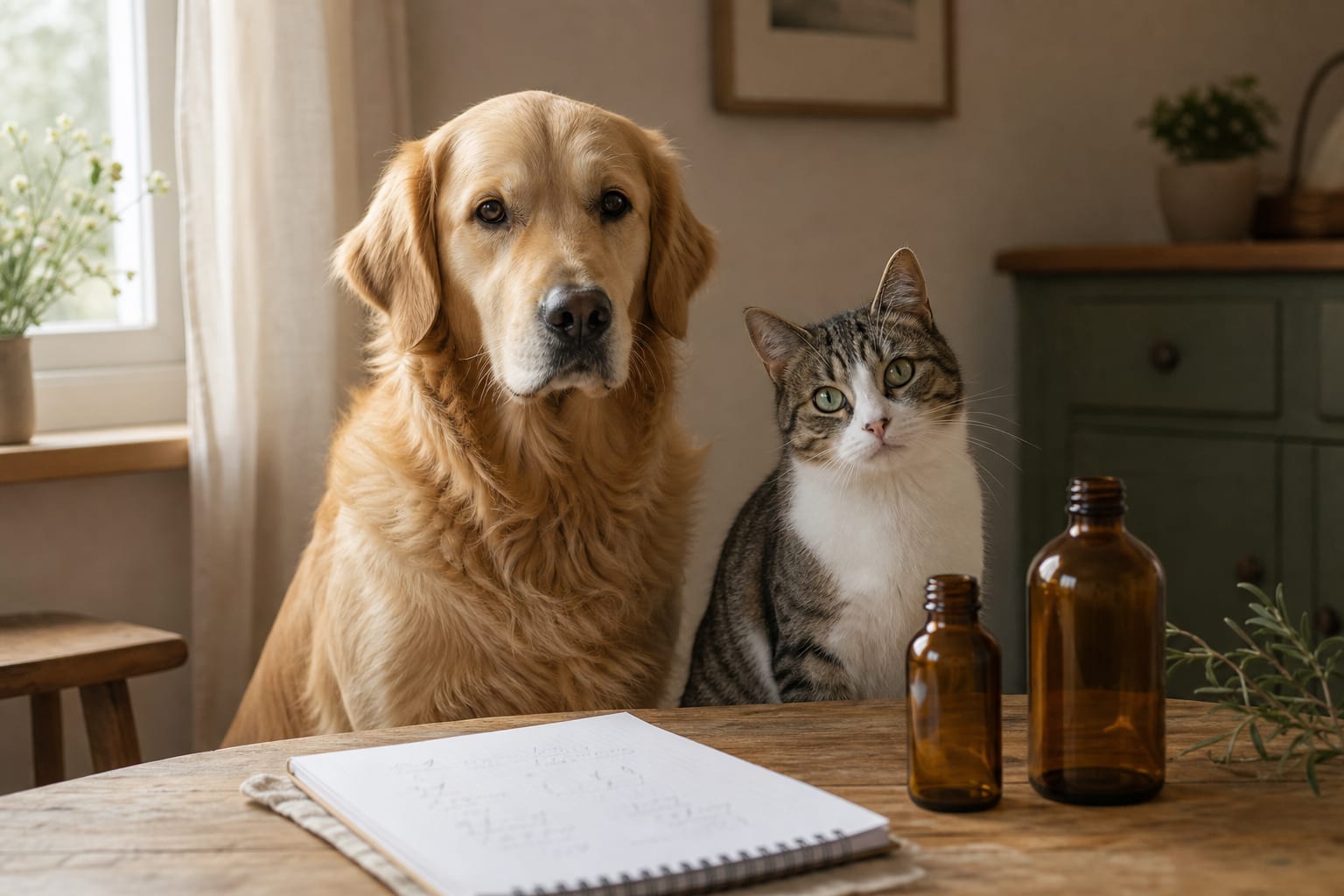 Chien et chat près de flacons neutres pour comparer les concentrations de CBD