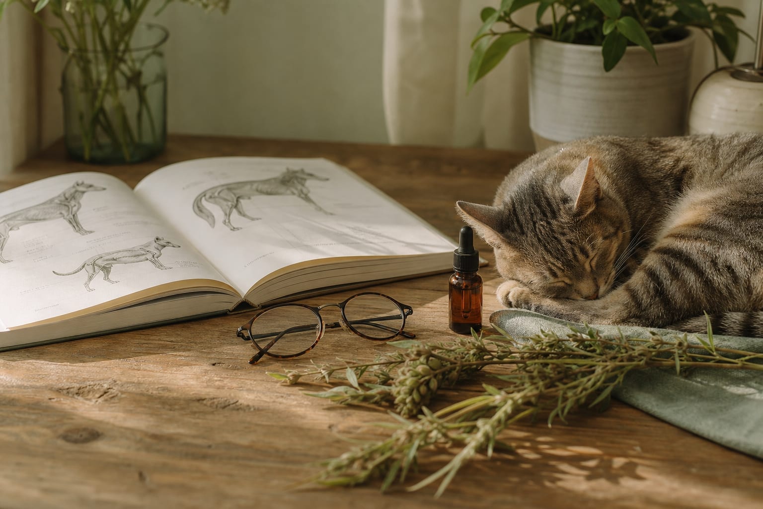 Un bureau avec une revue vétérinaire ouverte, un flacon ambré et un chat endormi