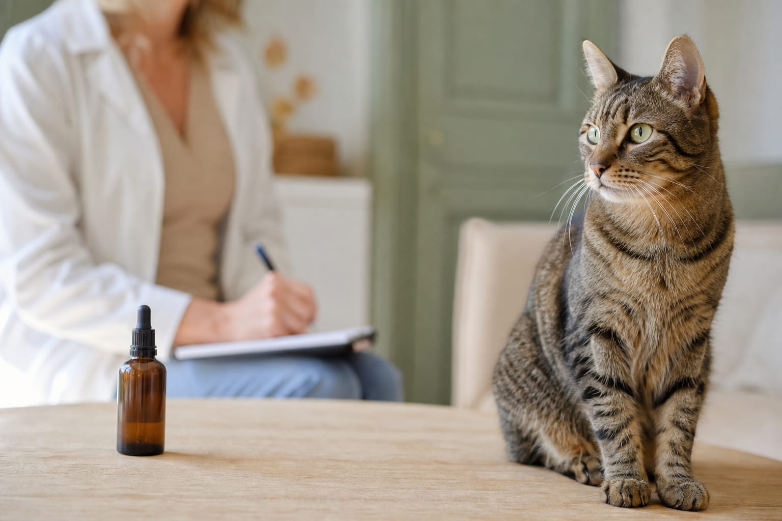 Chat adulte assis près d'un flacon neutre au CBD, dans un contexte de conseil vétérinaire prudent.