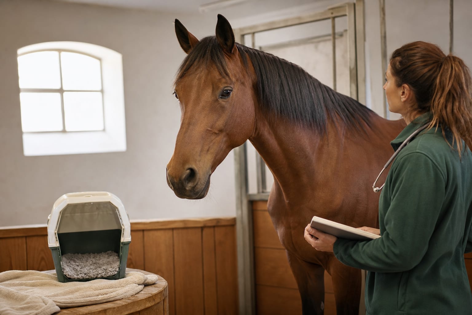 Une vétérinaire équine observe un cheval dans une écurie, illustration de la prudence nécessaire autour du CBD chez le cheval et les NAC.
