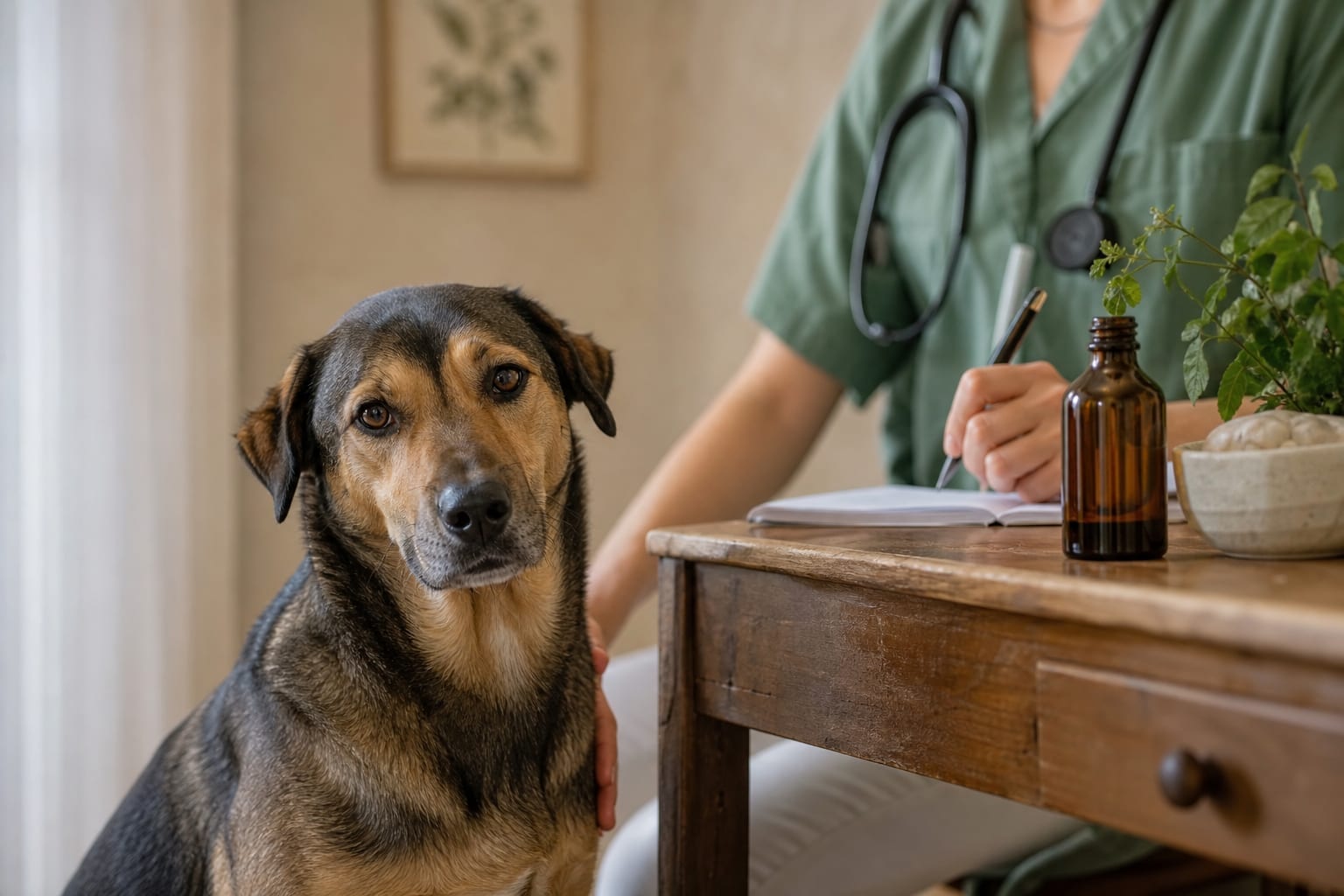 Chien adulte calme près d'un flacon non marqué et d'un carnet, dans un contexte de conseil vétérinaire sur le CBD.