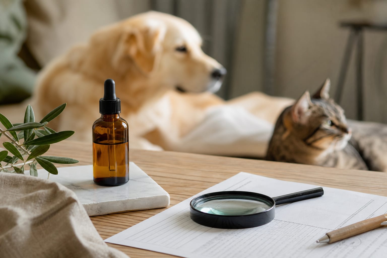 Flacon d'huile de CBD sans marque, certificat d'analyse et loupe sur une table, avec un chien et un chat flous en arrière-plan.