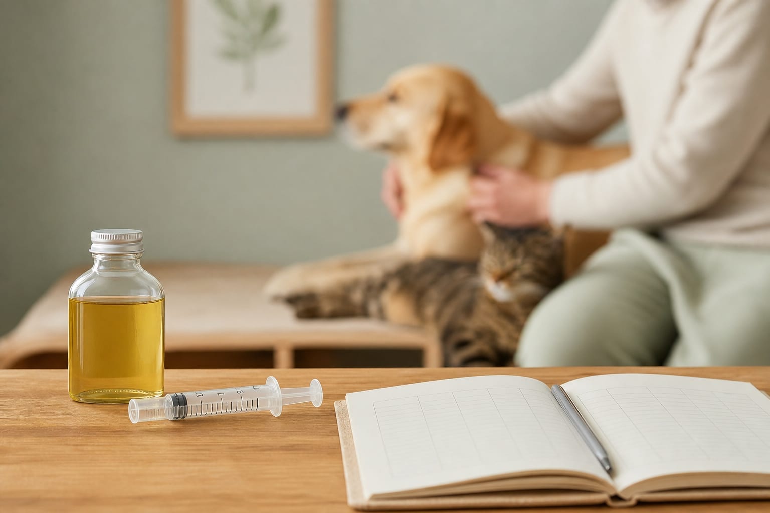Flacon d'huile, seringue graduée et carnet utilisés pour comprendre le dosage du CBD chez un animal.