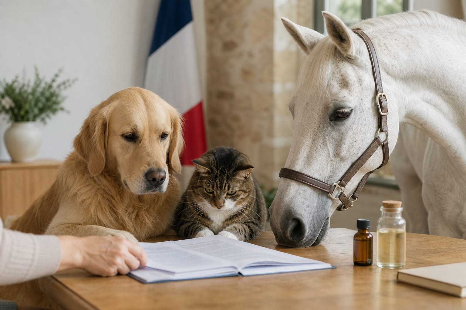 Un chien, un chat et un cheval près de documents expliquant la réglementation française des produits au CBD pour animaux