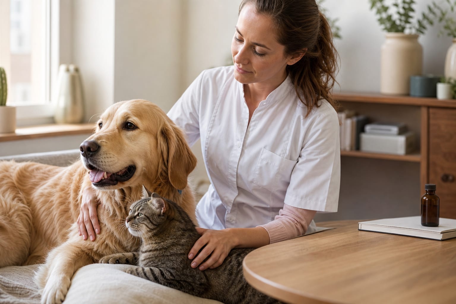 Une vétérinaire examine un chien et un chat dans le cadre d'une discussion sur la sécurité du CBD.