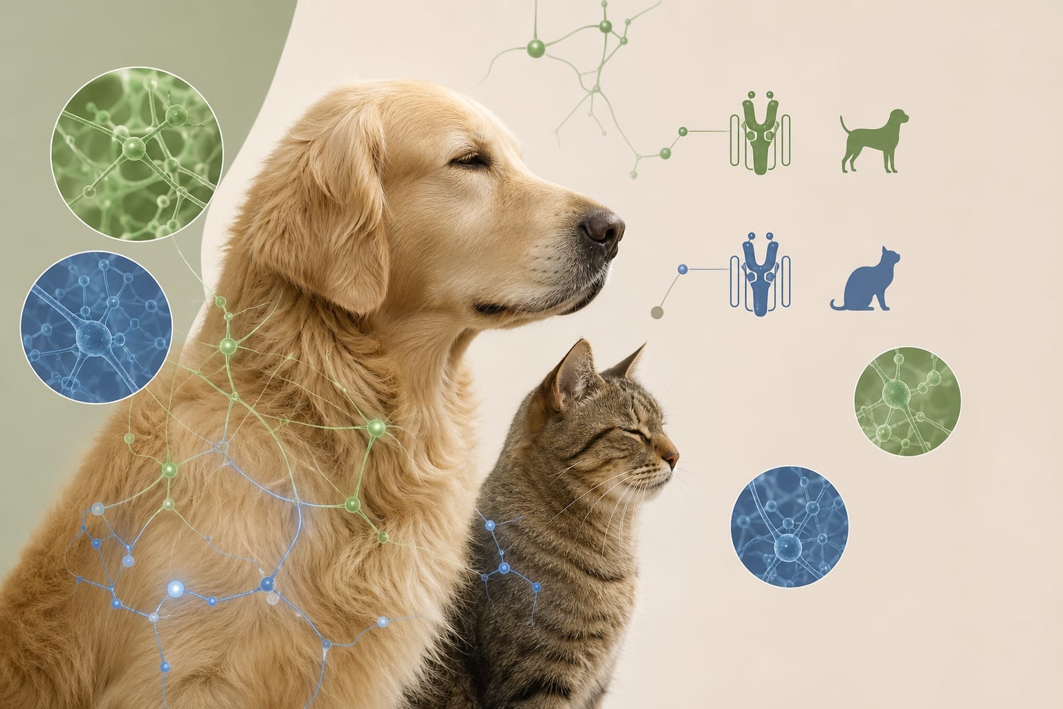 Illustration pédagogique du système endocannabinoïde chez un chien et un chat, avec les récepteurs CB1 et CB2 représentés dans le corps.