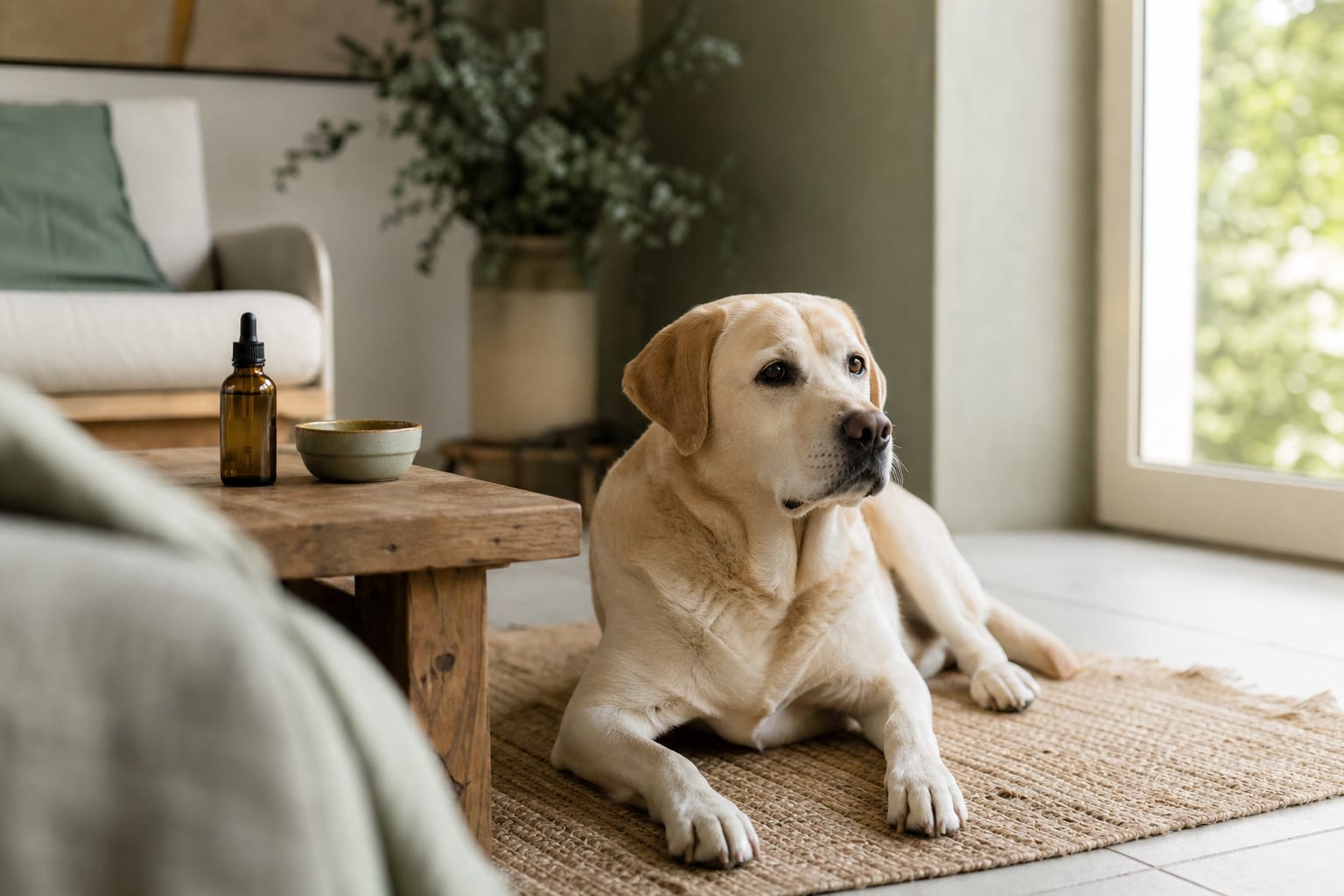 Un chien détendu allongé sur un tapis près d'un flacon compte gouttes ambré