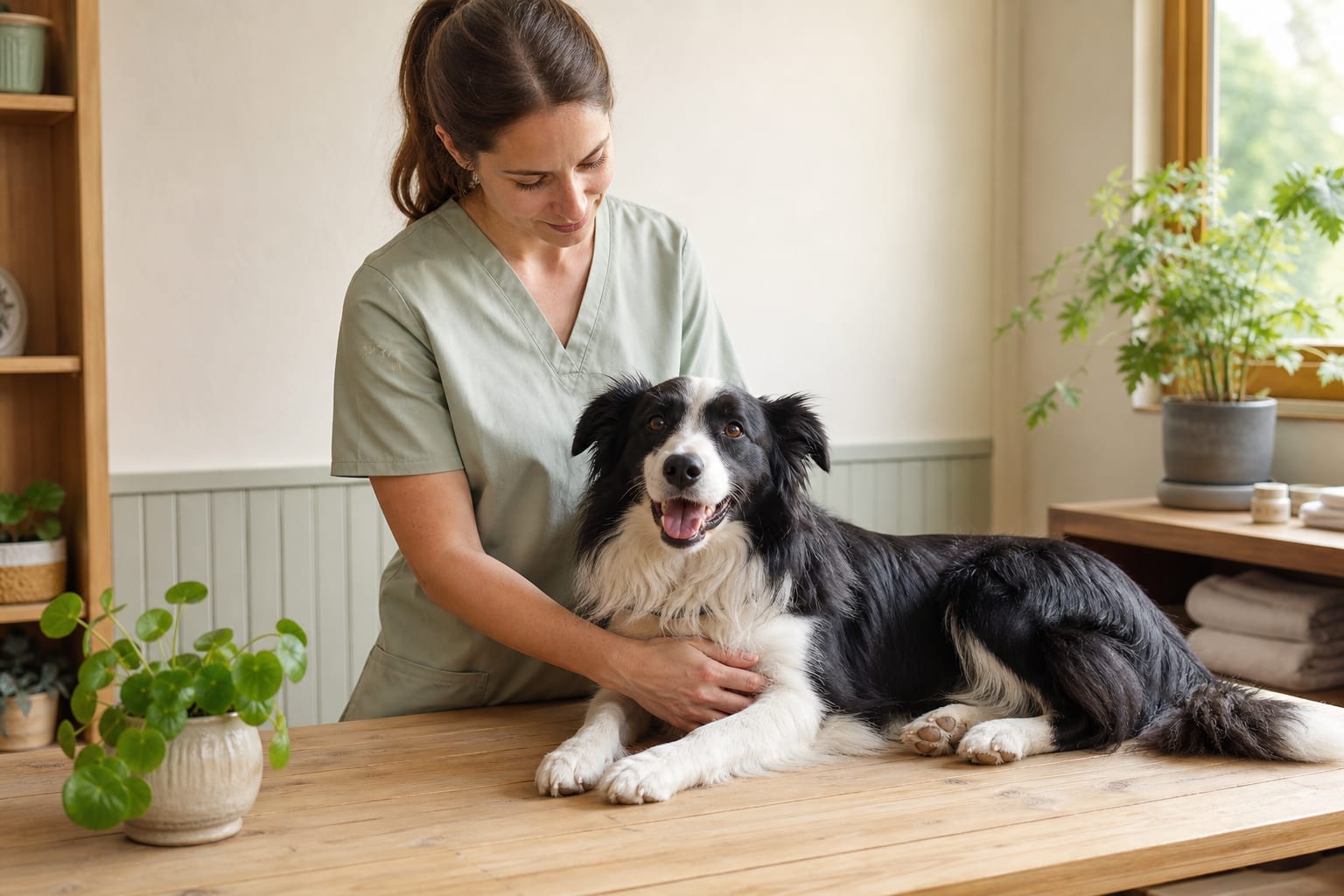 Une vétérinaire examine calmement un chien dans un cabinet lumineux